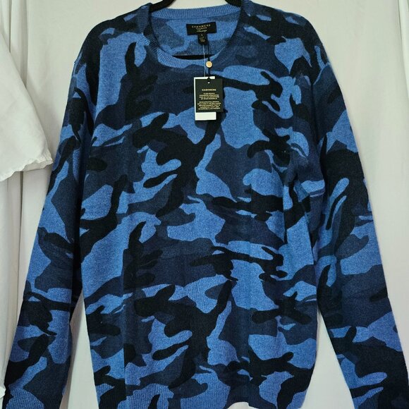 Men's Club Room 100% Cashmere Blue Camouflage Camouflage Crew Neck Sweater Nwt L - Picture 1 of 6